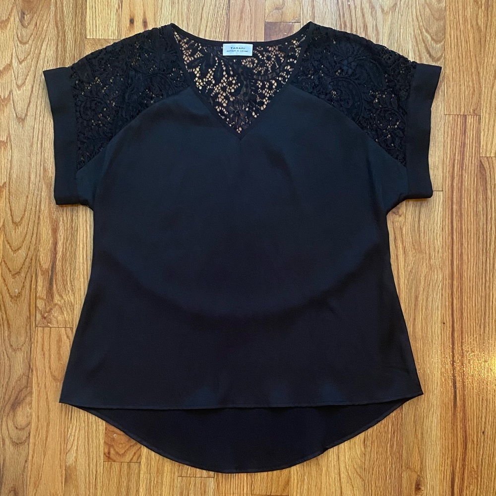 Tahari ASL Black Silky Top with Lace Back